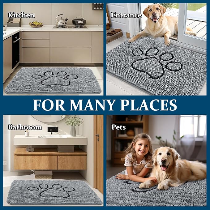 OLANLY Dog Door Mat for Muddy Paws 70x35, Paw Print Design, Absorbs Moisture and Dirt, Absorbent Non-Slip Washable Doormat, Quick Dry Chenille Mud Mat for Dogs, Entry Indoor Entryway Carpet, Grey