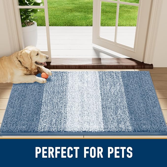 Smiry Dog Door Mat for Muddy Paws, Absorbs Moisture and Dirt, Low-Profile Entryway Mat with Non-Slip Backing, Entry Indoor Outdoor Doormat for Inside Floor (48x30 Inches, Light Blue, Striped)