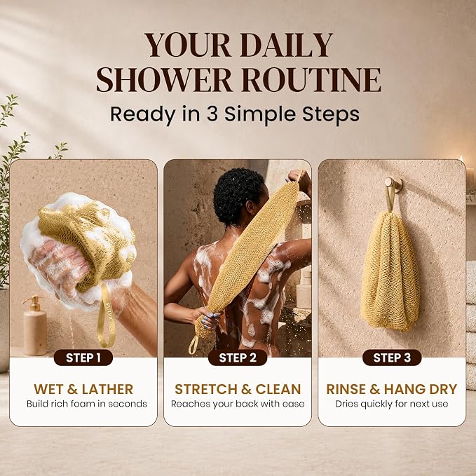 4 Pack African Net Sponge Authentic, Exfoliating Washcloth, Body & Back Scrubber, Better Alternative to Traditional Loofahs, Perfect for Daily Shower & Travel, Yellow, Brown, Gray & Forest Green