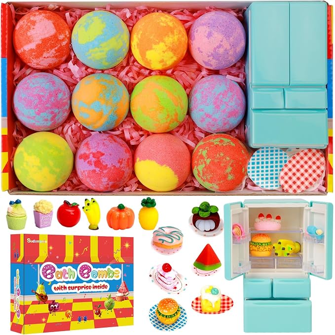 Bath Bombs for Kids with Toys Inside, 12-Pack Colorful Surprise Bath Fizzies Set with 12 Fruit & Food Toys + Mini Fridge + 6 Plates, Fragrant & Rich Bubbles, Organic Fizzy Bubble