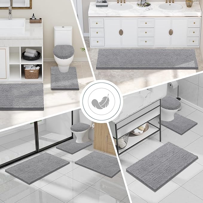 Smiry Luxury Chenille Bathroom Rugs 24x16, Extra Soft and Absorbent Shaggy Bath Mat, Machine Washable, Non-Slip Plush Carpet Runner for Tub, Shower, and Floor, Home Decor Accessories, Grey