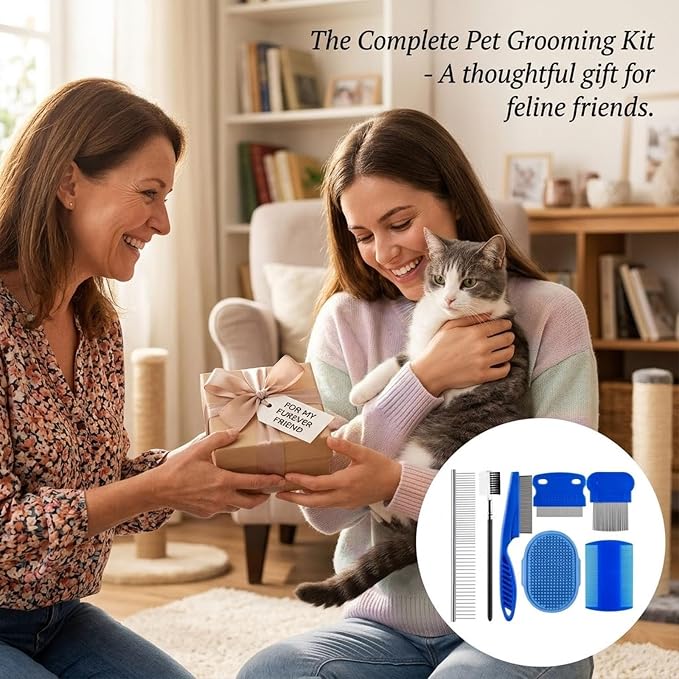 7 Pack Pet Flea Comb & Grooming Set for Dogs Cats, Stainless Steel Lice Combs with Rounded Teeth Tear Stain Remover & Silicone Bath Massage Brush Tick Removal Tool for Small Pets