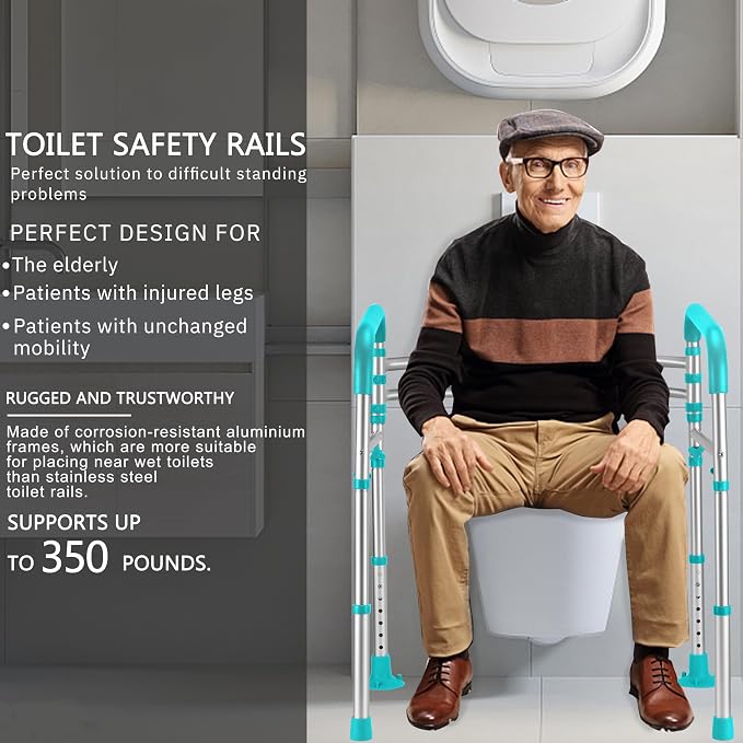 Lianjindun Toilet Safety Rails (350 lb), Adjustable Toilet Frame for Elderly, Seniors, Handicap & Disabled, Foldable Handicap Toilet Handles Fit Any Toilets(Peacock Blue)
