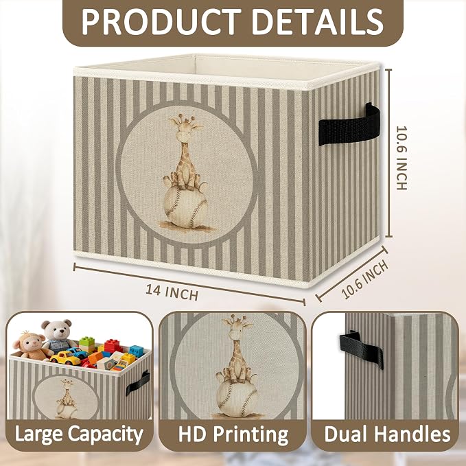 Giraffe Baseball Nursery Foldable Storage Bins Box with Handles, Neutral Striped Baseball Giraffe Collapsible Organizer Basket for Kids Bedroom Bathroom Playroom Clothes Books