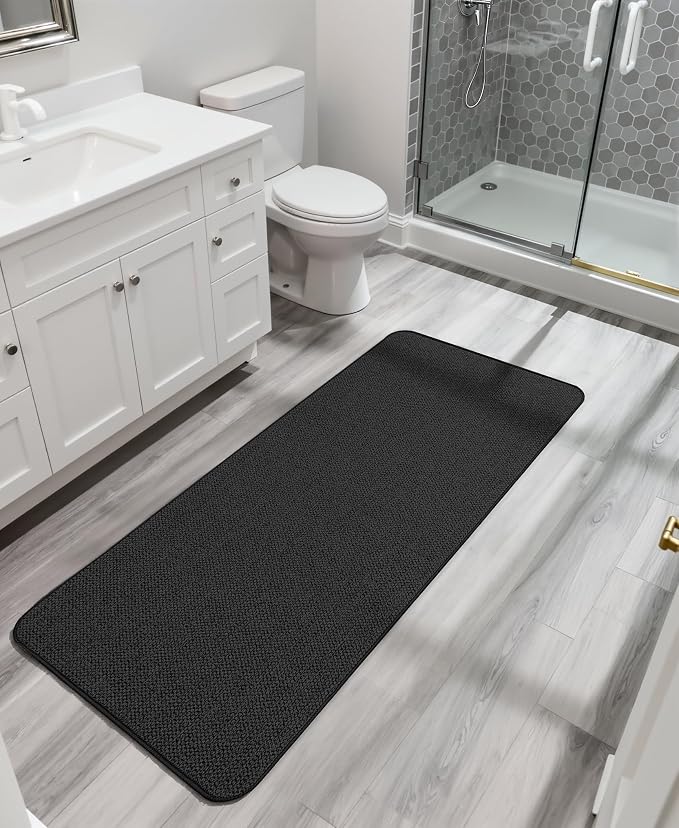 Bath Mat,Ultra Thin Bathroom Runner Rugs,Large Bath Mats for Bathroom,Quick Dry,Non-Slip,Machine Washable,Low Pile,Bath Rug,Shower Outside,Sink,Home Decor Accessories.Black,1'5"x4'11"(17x59inch)