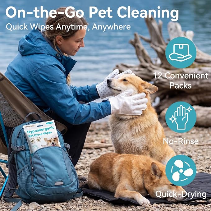 Pet Glove Wipes Pro for Dogs Cats, Massage Dot No-Rinse Grooming Gloves, Deep Cleaning and Deodorizing Dog Wipes for Paws, Ears & Eyes, Removes Loose Fur, Coconut Scent, 12 Count