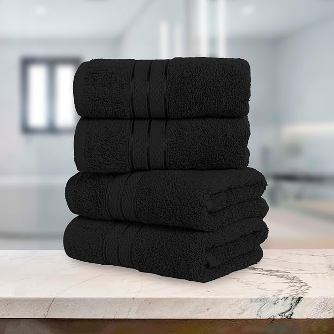 Elegant Comfort Three Line Popcorn Towel Set for Bathroom 16 x 28 inches, Premium Hotel Quality 4-Pack Hand Towels, 100% Turkish Cotton, Soft and Durable, Quick Dry and Highly Absorbent, Black