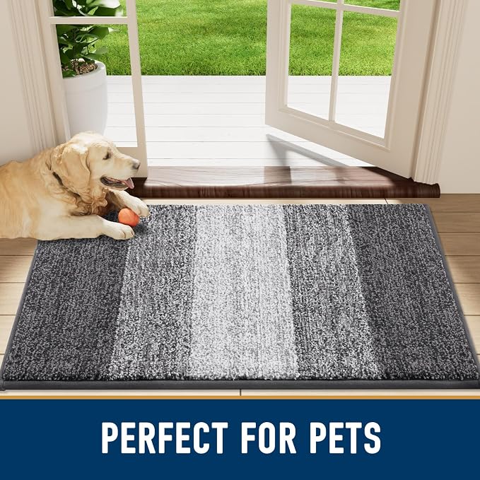 Smiry Dog Door Mat for Muddy Paws, Absorbs Moisture and Dirt, Low-Profile Entryway Mat with Non-Slip Backing, Entry Indoor Outdoor Doormat for Inside Floor (48x32 Inches, Grey, Striped)
