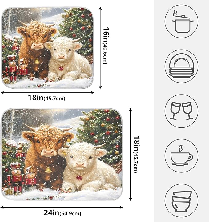 Christmas Highland Cow Dish Drying Mat, Absorbent Drainer Mats for Kitchen Counter Coffee Maker 18"x16"