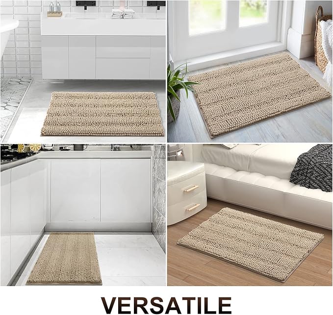 Grandaily Chenille Striped Bathroom Rugs 59x20, Extra Thick and Absorbent Bath Mats, Non-Slip Soft Plush Shaggy Shower Carpet, Machine Wash Dry, Bath Rug for Bathroom, Beige