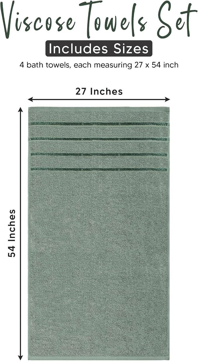 Luxury Bath Towels Set of 4, 27x54 Inches 600GSM 100% Cotton Ring Spun – Daily Use Highly Absorbent Viscose Stripe Bath Towel Sets for Bathroom, Hotel, Spa (Sage Green)
