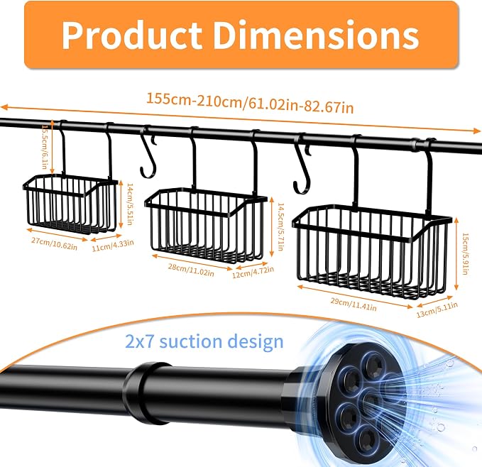 KEGII Over-the-Tub Bath Toy Storage, Adjustable 61-82.67 Inch Bathtub Toy Organizer Holder with 3 Baskets and Hooks, Large Capacity Kids Bath Toy Storage Rack for Easy Sorting and Drainage, Black