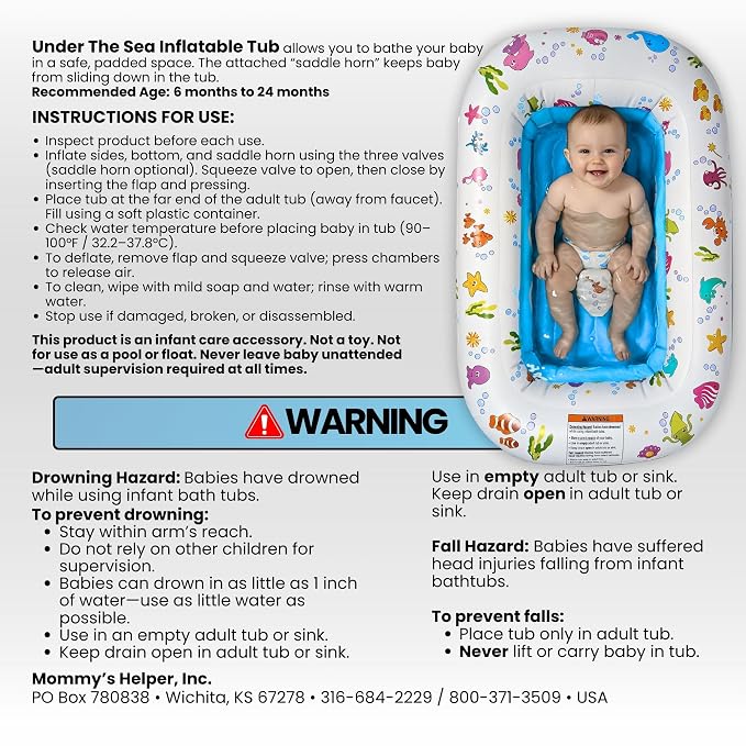 Mommy's Helper | Inflatable Under The Sea Baby Bathtub, Collapsible Safe Baby Bath Tub with Anti-Sliding Saddle Horn Seat, Must Have Travel Toddler Bath, Portable Bathtub Recommended Months 6 to 24