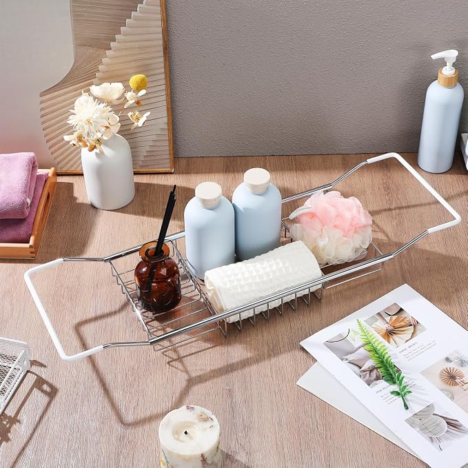 Sewroro Bathtub Tray, Adjustable Stainless Steel Bath Caddy Organizer for Phone, Tablet, Book and Bath Essentials, Over Tub Storage Rack, Silver, 25. 19 x 7. 87 x 2. 75 in