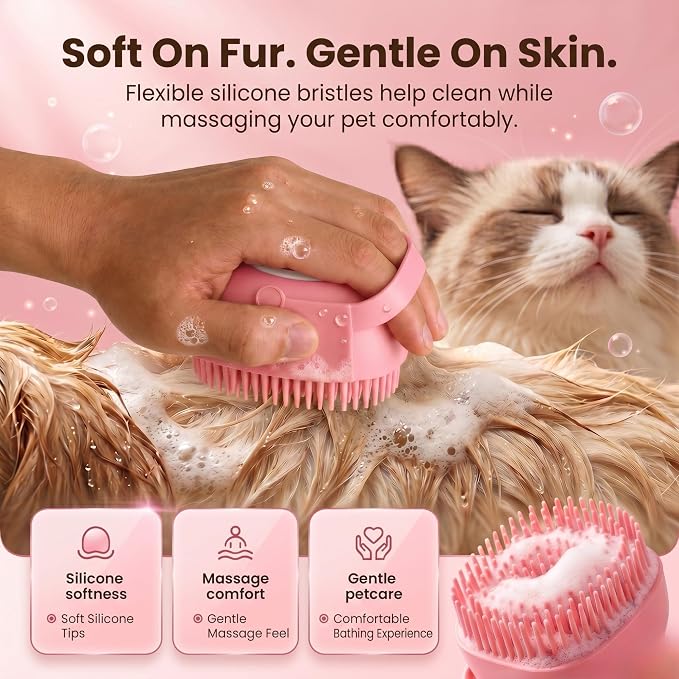 DIYORA Pet Shampoo Brush, 2-in-1 Silicone Bath Brush with Soap Dispenser for Dogs & Cats, Grooming, Massaging, Shedding & Deep Cleaning Tool for Short Hair, Long Hair & Small Pets(Pink)