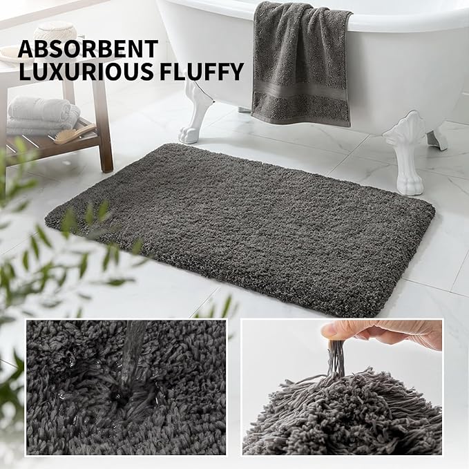ILANGO Dark Gray Bathroom Rugs 60" × 24" Non Slip & Super Absorbent Thick Soft, Washable Bath Carpet Runner for Floor, Microfiber Plush Shaggy Bath Mats with Rubber for Bedroom Bathtub Shower Room