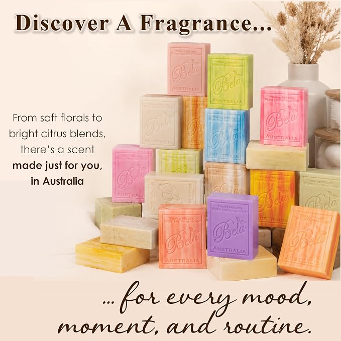 BELA Triple Milled Soap Variety Pack 3.3 OZ Pack of 6, Long Lasting French Triple Milled Bar Soap with Organic Shea Butter, Hand, Face and Body Wash Bar Made in Australia