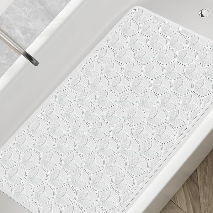 Bathtub Mat Non Slip with Suction Cups - 100% Rubber Bathroom Mat Textured for Bath Tub Shower Safety - Soft on Touch - BPA/PVC Free - Pet Dog Bath Mat - Machine Washable - 16 × 28 Inch(White)