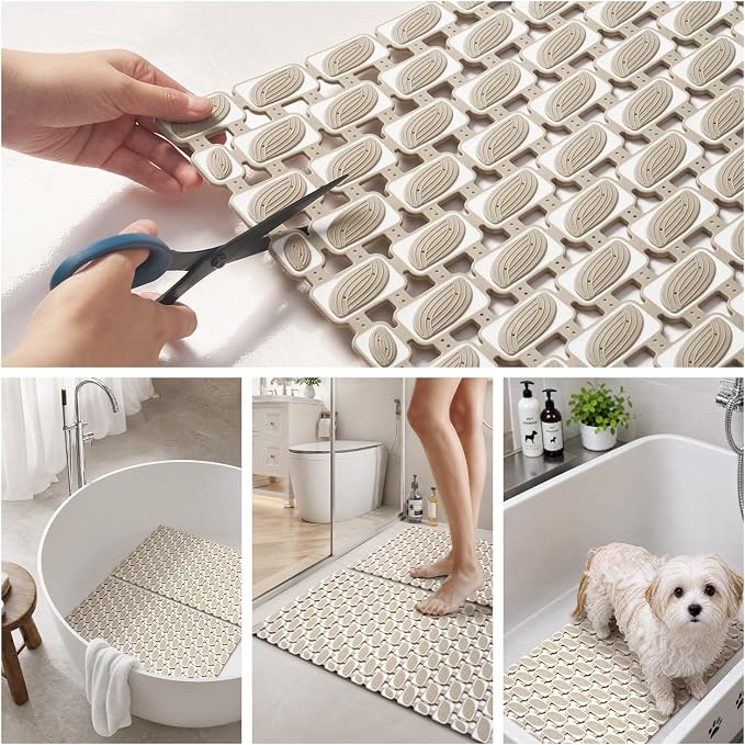 SIXHOME Shower Mat Non Slip Bathtub Mat, Bath Mat for Tub with Strong Suction Cups, Quick Dry Drain Holes, Machine Washable Shower Floor Mat for Elderly & Kids, 27"x16", Khaki