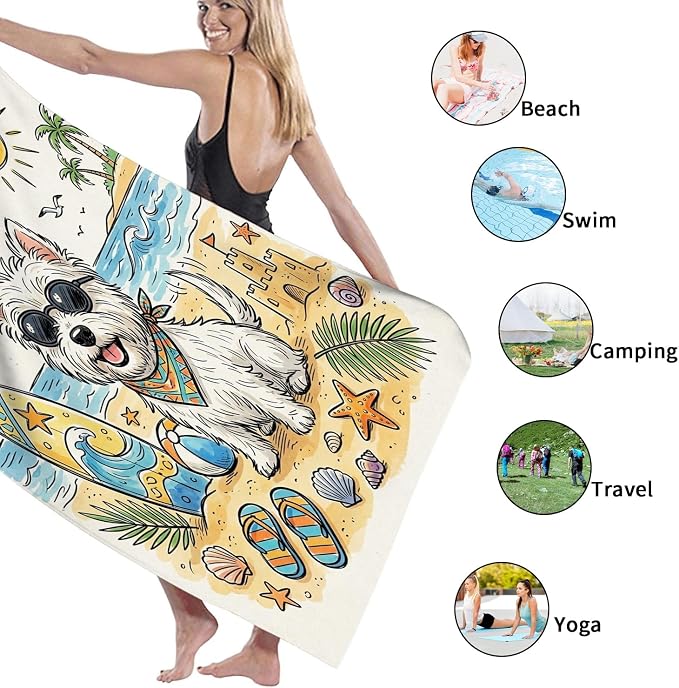 Cute Westie Dog Beach Towels for Adults Coastal Beach Shells Quick Dry Bath Towel, Pet Soft Lightweight Blanket Travel Pool Camping Essentials 31x62 Inch
