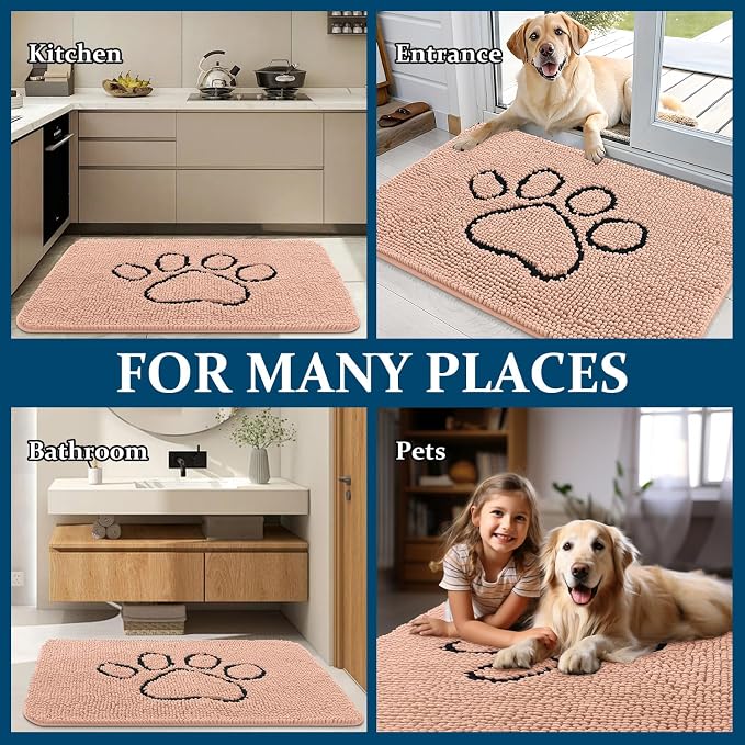 OLANLY Dog Door Mat for Muddy Paws 36x24, Paw Print Design, Absorbs Moisture and Dirt, Absorbent Non-Slip Washable Doormat, Quick Dry Chenille Mud Mat for Dogs, Entry Indoor Entryway Carpet, Peach