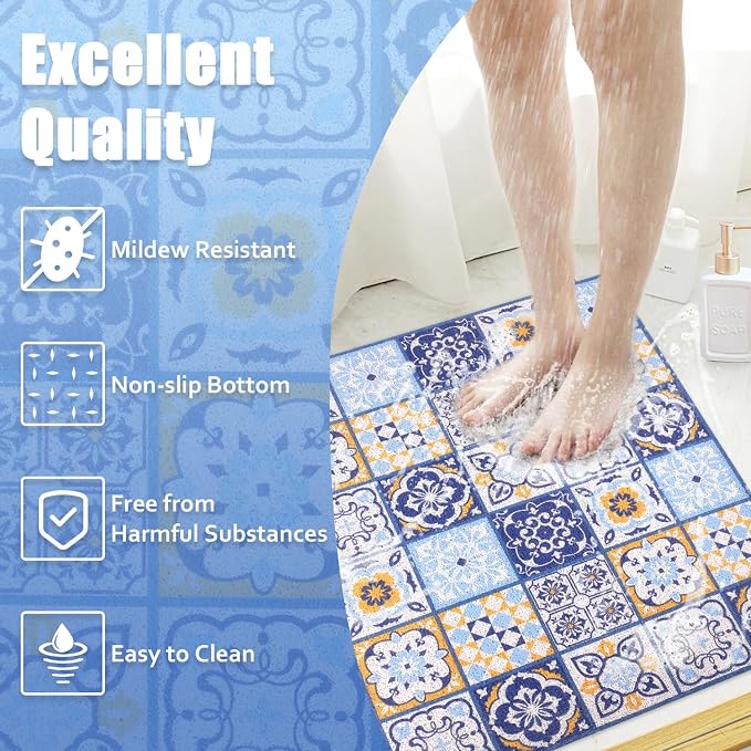 Non Slip Shower Mat, Soft Comfortable Shower Floor Mat with Drain, PVC Loofah Bath Mat for Shower, Bathroom and Wet Areas, Quick Drying Easy Cleaning