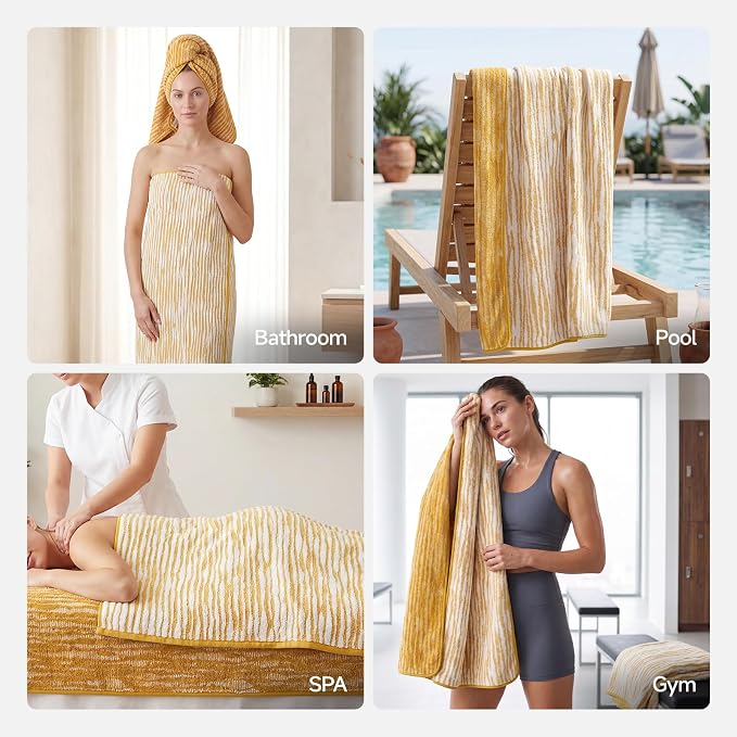 REDKISS Yellow Bath Towels for Bathroom 2 Pack, 100% Cotton Double-Sided Design, Super Soft & Quick Dry Towel, 29 x 59 Inches