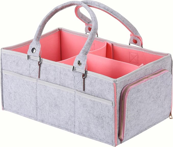 Mr. Pen- Baby Diaper Caddy Organizer, Gray, Pink Inside | Nursery Storage Bin and Car Organizer for Diapers and Baby Wipes