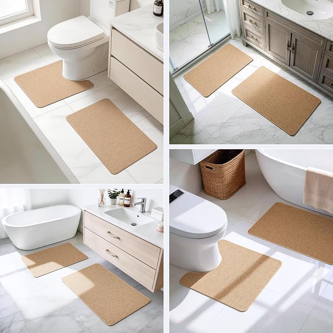 Bathroom Rugs Sets 2 Piece, Thin Bath Mat & U-Shaped Contour Toilet Rug Absorbent Quick Dry, Machine Washable, Non Slip Low Pile Bath Mats for Bathroom/Tub/Sink/Shower (27"x17" Plus 24"x20" U, Khaki)