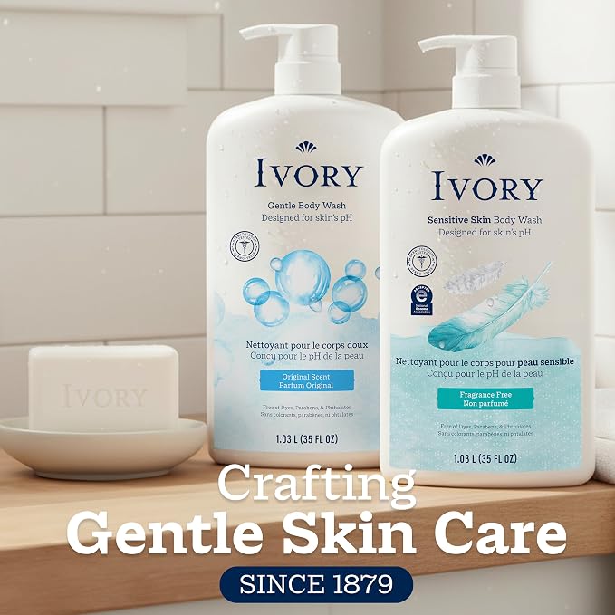 Ivory Gentle Bar Soap, Designed for Whole Family, 99.44% Pure Formula, Plant-Based Cleanser, Made Without Heavy Perfumes, Parabens & Phthalates, For All Skin Types, Original Scent, 3.17 oz (3 Count)