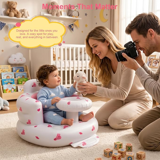 Inflatable Baby Seat for Babies 3-36 Months, Baby Chair with Fence & Built in Air Pump, Blow Up Floor Baby Seat with Back Support, Inflatable Baby Chair Sit Me Up for Home Pink Rabbit-Tray
