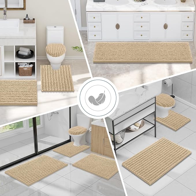Smiry Bathroom Toilet Rugs U Shaped 20x20, Extra Soft Absorbent Non Slip Rubber Backing Chenille Contour Bath Rugs for Toilet, Machine Washable Contoured Bath Mats, Beige