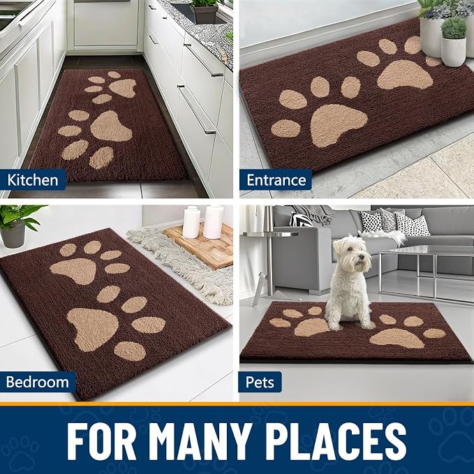 Smiry Dog Door Mat for Muddy Paws, Absorbs Moisture and Dirt, Low-Profile Entryway Mat with Non-Slip Backing, Entry Indoor Outdoor Doormat for Inside Floor (59x24 Inches, Brown, Paw