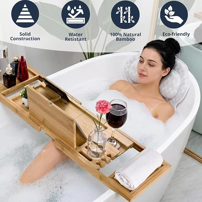 Bath Tray for Tub and Ergonomic Pillow Premium - Caddy Foldable 29 to 43 Inch - Bamboo Wood Tub Organizer - Luxury Bathtub Tray - Bathroom Accessories for Mothers, Birthday Gifts for Mom