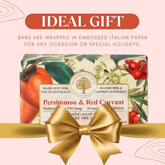 Wavertree & London Persimmon & Red Currant Scented Natural Soap Bar, 7oz Moisturizing French Triple Milled Soap Bar for Women & Men Enriched with Organic Shea Butter, Pure Bath & Body Soap (1 Bar)