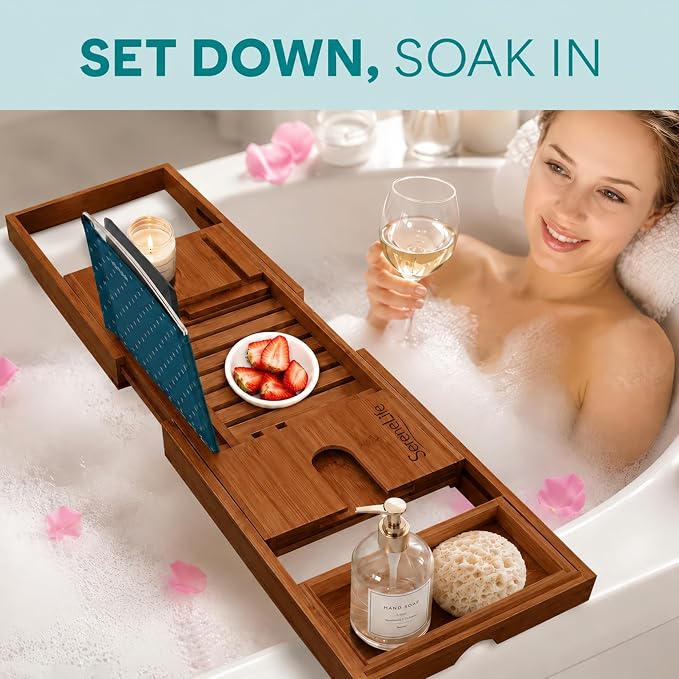 SereneLife Premium Bathtub Tray Caddy with Gift Box and Bow Set, Expandable Bath Tray, Unique House Warming Gifts for Mom, Women, Wedding, Anniversary, Bridal Shower, Fit for All Tub - Brown, Gift Set