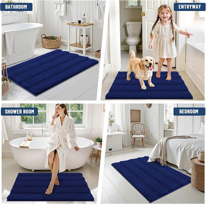 Grandaily Chenille Striped Bathroom Rugs 59x35, Extra Thick and Soft Absorbent Bath Mats, Rubber Backing, Plush Shaggy Shower Carpet, Machine Wash Dry, Bath Rug for Bathroom, Navy Blue