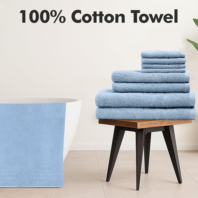 Bath Towels Set of 8 – 100% Ring Spun Cotton (Sky Blue) Bathroom Towel Set Bale Includes 2 Bath, 2 Hand, 4 Face Towels – 550 GSM Soft, Absorbent & Quick Dry Towel for Bathroom, Spa, Kitchen, Hotel Use