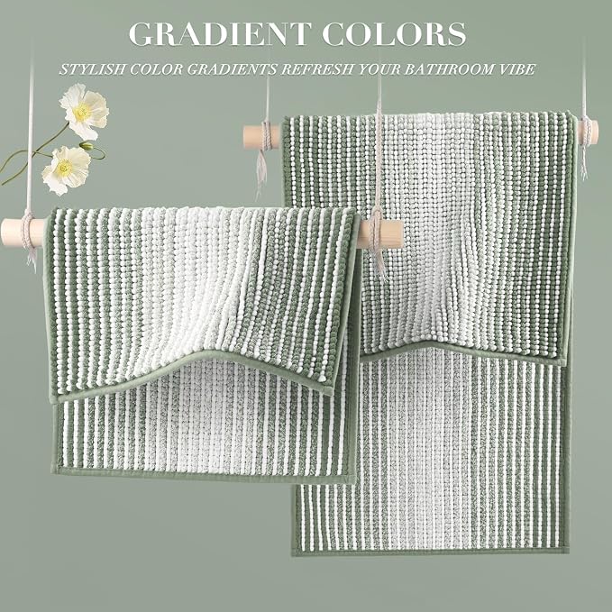 BSICPRO Bathroom Rugs and Mats Sets, 2 Piece Thick Absorbent Chenille Bath Mat Rug Set Non Slip, Soft Bath Room Floor Mats for Bathroom, Machine Washable (20" x 32" Plus 16" x 24",Greyish Green)