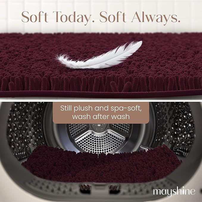 MAYSHINE Standard Plush Shaggy Chenille Bath Mat 32"x20" Extra Soft, Super Absorbent, Non-Slip Bathroom Rug | Fluffy Microfiber, Area Rug Sets for Bathroom Floor, Kitchen, Living Room | Burgundy