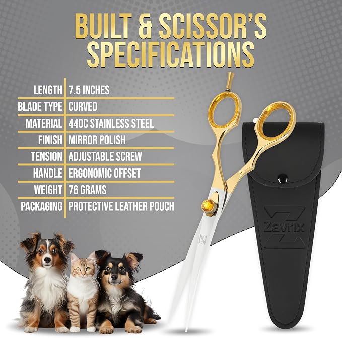 ZAVRIX Professional Dog Grooming Scissors – 7.5” Curved Thinning Shears with 34 Teeth, Pet Chunkers for Dogs & Cats, Premium 440C Stainless Steel Grooming Tools (Golden Polish Curved Scissor)