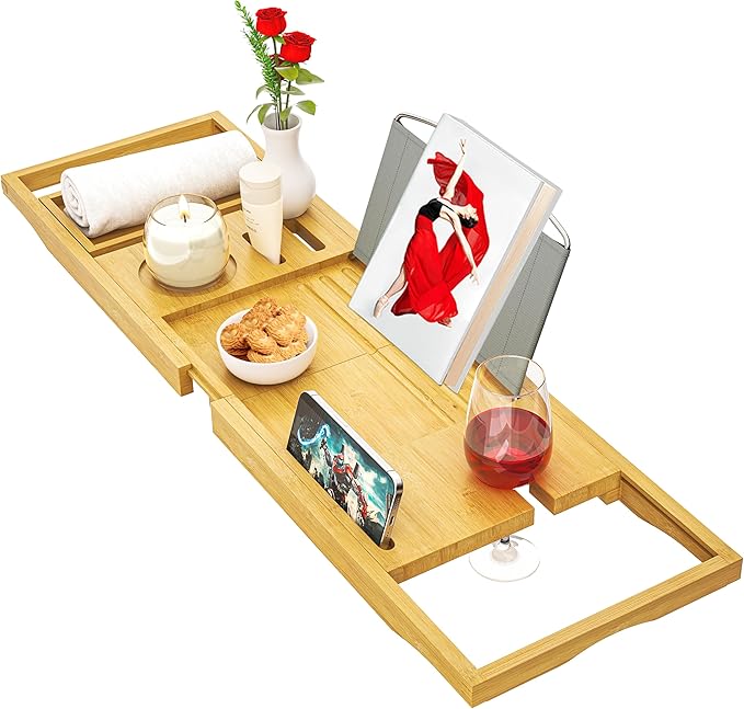 Banlilu Premium Natural Bamboo Expandable Bathtub Tray Caddy, Luxury Spa-Like Experience, Adjustable, Sturdy, Non-Slip, Foldable