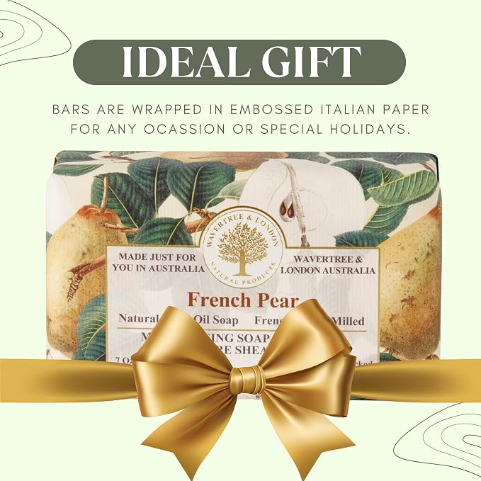 Wavertree & London French Pear Scented Natural Soap Bar, 7oz Moisturizing French Triple Milled Soap Bar for Women & Men Enriched with Organic Shea Butter, Pure Bath & Body Soap (1 Bar)