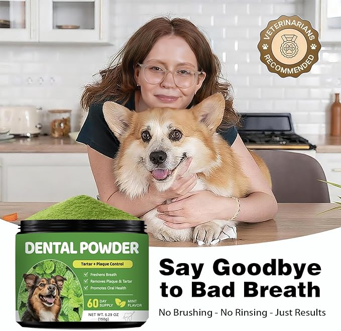 Dog Dental Powder, Teeth Cleaning Powder for Dogs, Plaque & Tartar Remover for Pet Oral Care - Fresh Breath & Teeth Cleaning Made Easy - Natural Herbal Blend + Probiotics - 75 Servings(150g) (Mint)