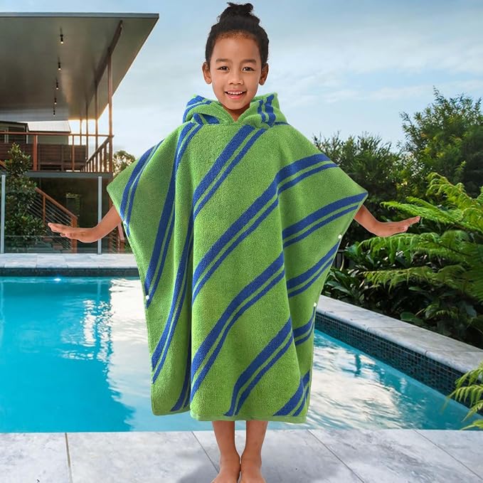 VOOVA & MOVAS Kids Hooded Poncho Towels (4-8Years,27.5"x27.5"),100% Cotton Soft Absorbent Towel for Boys,Perfect for Bathroom | Pool | Beach | Swimming, Jacquard Green Stripe