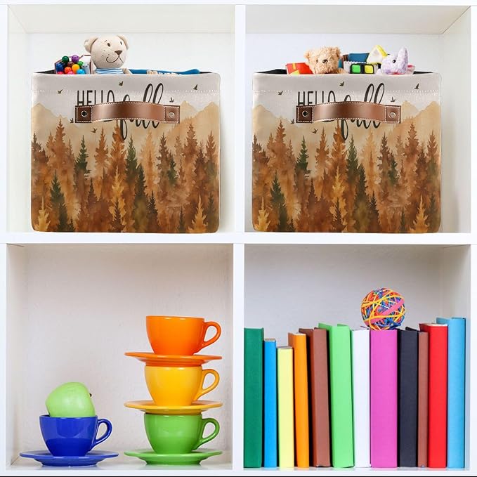 Wamika Hello Fall Forest Storage Basket with Waterproof Liner and PU Handles Maple Leaves Pine Tree Storage Bins Boxes 14.2" Collapsible Decorative Organizer Baskets for Bedroom Closet Office 2 Pack