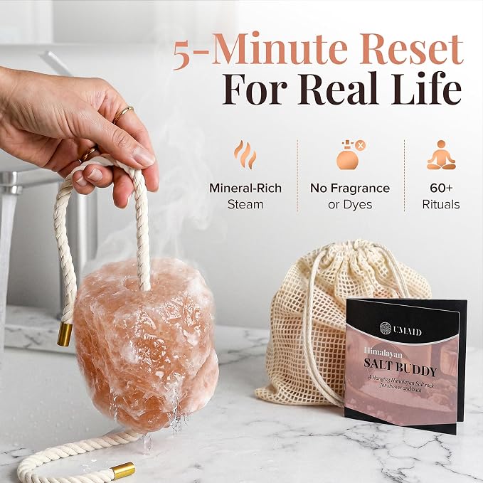 UMAID Himalayan Pink Salt Rock for Shower & Bath – Salt Buddy® 4 lb Hanging Mineral Stone for Spa-Inspired Relaxation, Self-Care & Bath Soaks, Unique Wellness & Home Spa Gifts for Men & Women