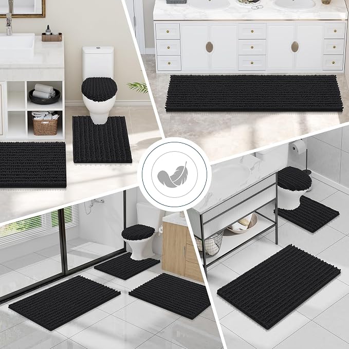 Smiry Bathroom Toilet Rugs U Shaped 24x20, Extra Soft Absorbent Non Slip Rubber Backing Chenille Contour Bath Rugs for Toilet, Machine Washable Contoured Bath Mats, Black