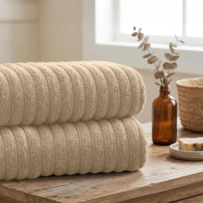 RIVERSIDE Pack of 2 Extra Large Bath Sheet Towels, 35 x 70 Inches, 600 GSM, Ribbed Stripe, 100% Cotton - Super Soft, Highly Absorbent & Quick Dry for Bathroom, Spa & Hotel, Tan