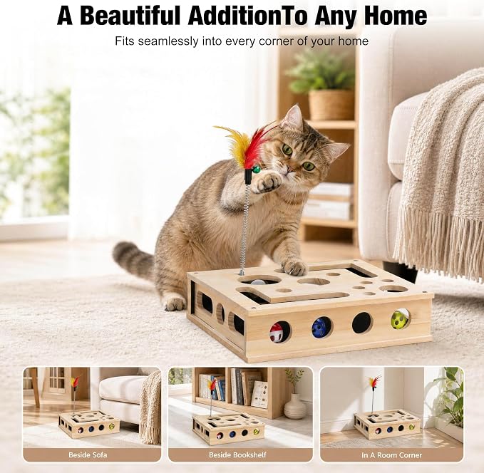 Cat Nail File Enrichment Box for Indoor Cats Solid Wood Cat Scratcher with Built in Sandpaper Self Grooming Puzzle Toy Stress Free Alternative to Cat Nail Clippers & Grinders